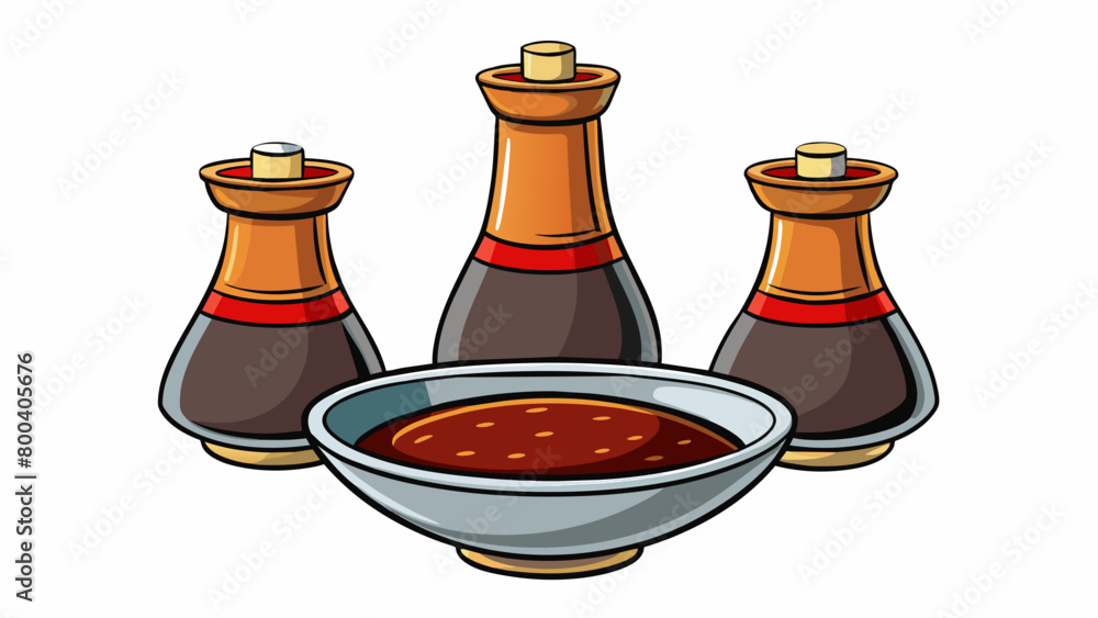 Poster a set of dipping bowls one filled with a light soy sauce and the other with a dark almost black sauc