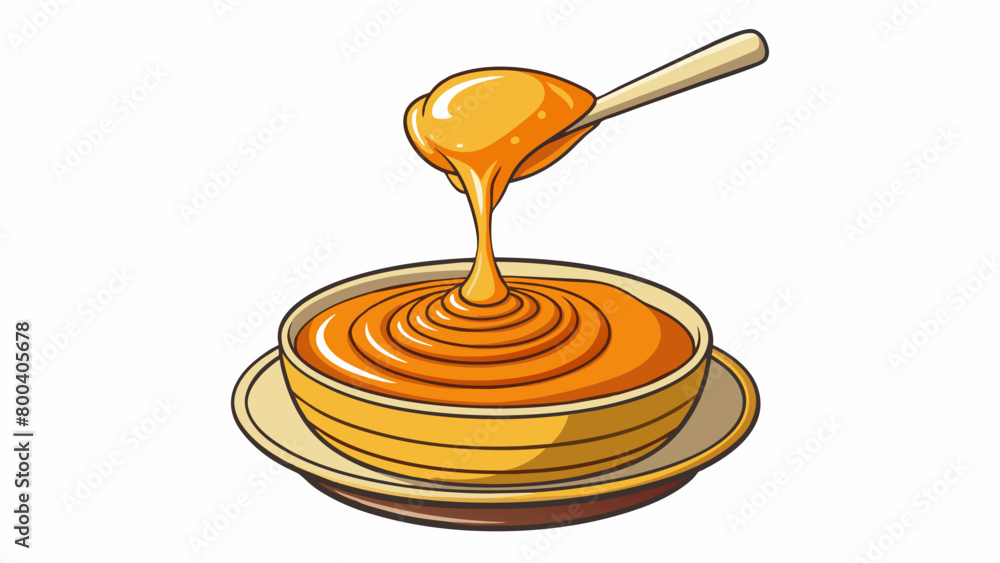 Poster A sful of deep amber liquid slowly dripping into a bowl of pancake batter adding a sweet and fragrant depth to the mixture.  on white background . Cartoon Vector.