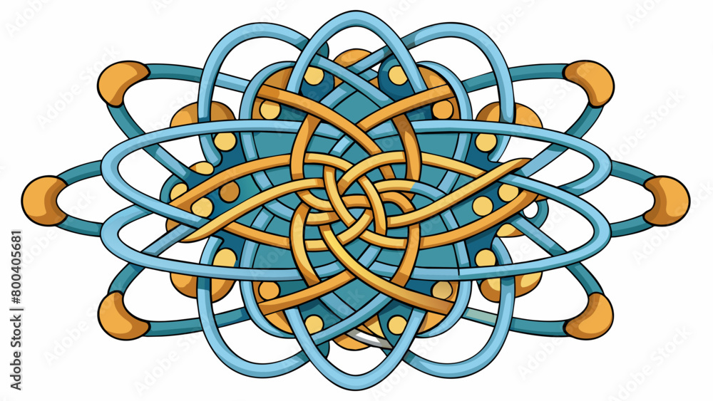Poster A set of tangled threads woven into a complex intricate pattern. This tangled network represents the entanglement of qubits where the state of one. Cartoon Vector.