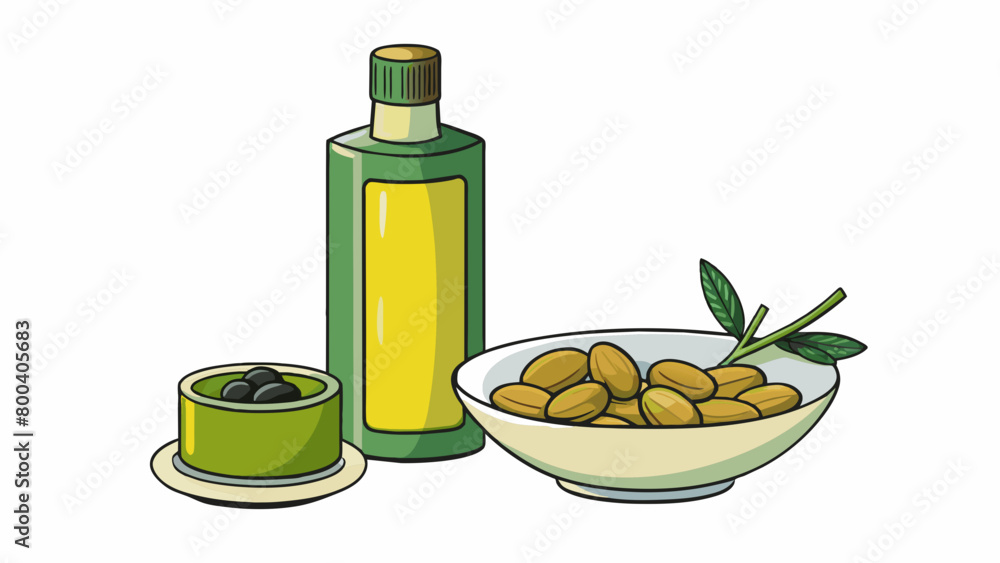 Poster a shallow dish with a layer of dark green oil on top with a rich and robust aroma of olives. it is t