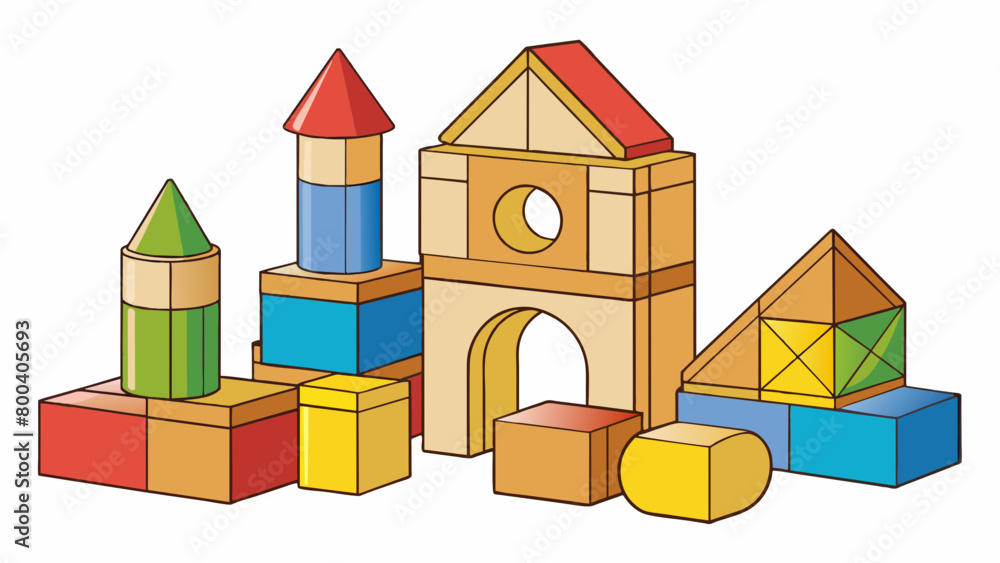 Poster A set of wooden building blocks in different shapes and sizes with a smooth and polished surface. They are lightweight yet sy encouraging creativity. Cartoon Vector.