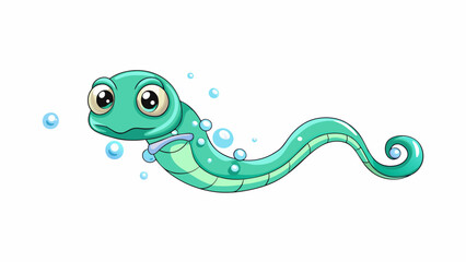 Naklejka premium A serpentine creature with a body made of iridescent sea foam and eyes that glow like pearls in the dark. Its sleek form glides through the water. Cartoon Vector.