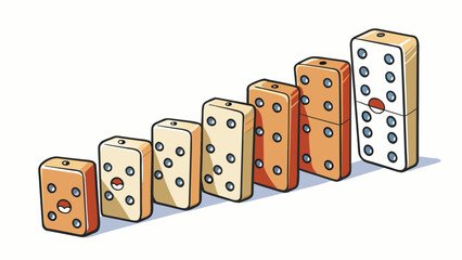 A series of dominoes standing upright each representing a different input or feature. As the first domino is pushed it triggers a chain reaction. Cartoon Vector.