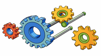 A set of plastic gears rods and wheels that can be assembled to create a moving machine. The gears come in different sizes and colors and the rods and. Cartoon Vector.