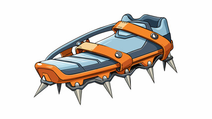 A set of crampons metal spikes that attach to the bottom of mountaineering boots for better traction on ice and snow. They are easy to adjust and have. Cartoon Vector. - obrazy, fototapety, plakaty