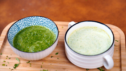 Green Chutney and Mint Chutney Served Beautifully on a wooden tray - Ready to Eat