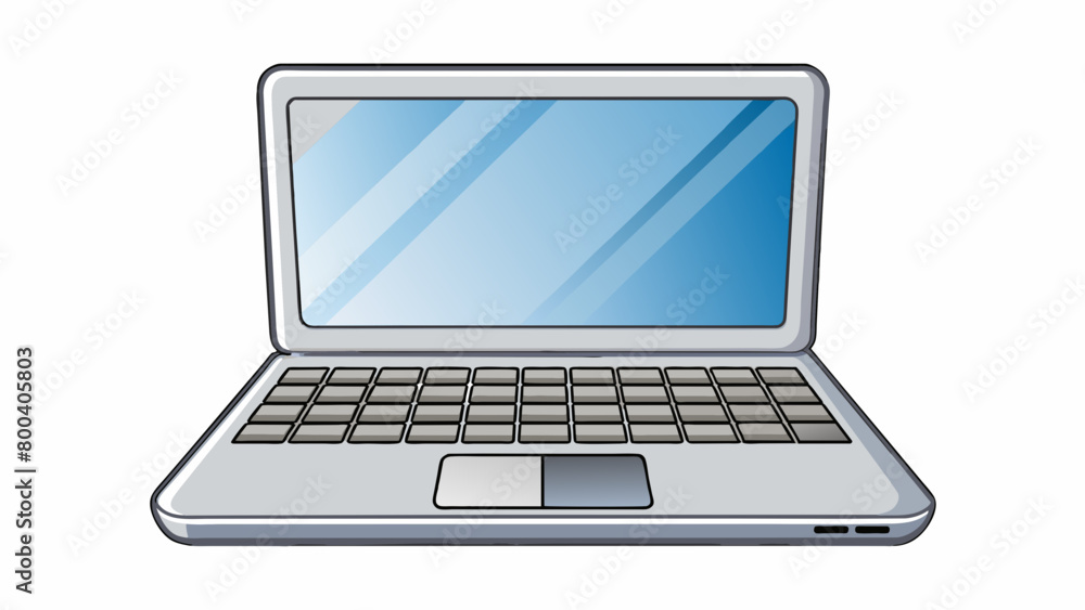 Poster A sleek silver laptop with a glossy white logo on the back. The screen is large and highresolution and the keyboard is backlit with smooth lowprofile. Cartoon Vector.