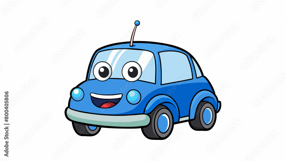 Poster a small blue plastic car with a smiling face on the front. the car has large cartoonish eyes and a w