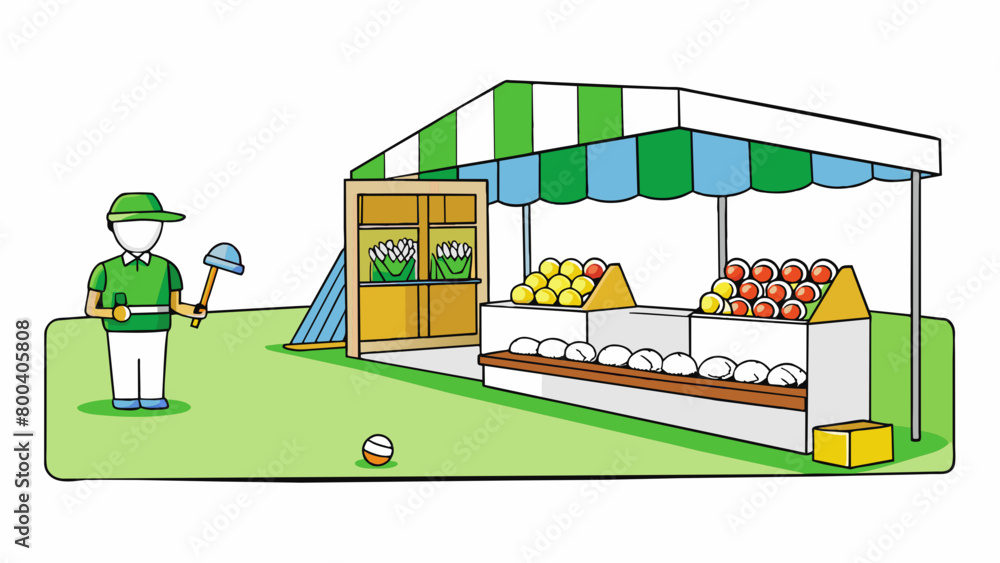 Poster A small booth stands at the entrance of the driving range where a friendly attendant sells buckets of golf balls to eager players. The main area is a. Cartoon Vector.