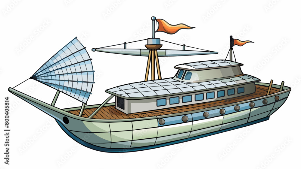 Poster a sleek modern ship made of metal and powered by wind and technology. its sails are made of a shiny 