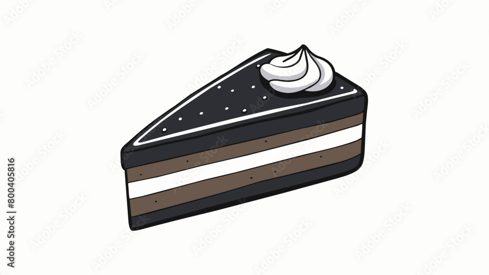 Poster A slice of Licoriceflad cake the outer layer covered in a smooth jet black frosting. The inside is moist and dark with thin strips of black Licorice. Cartoon Vector.