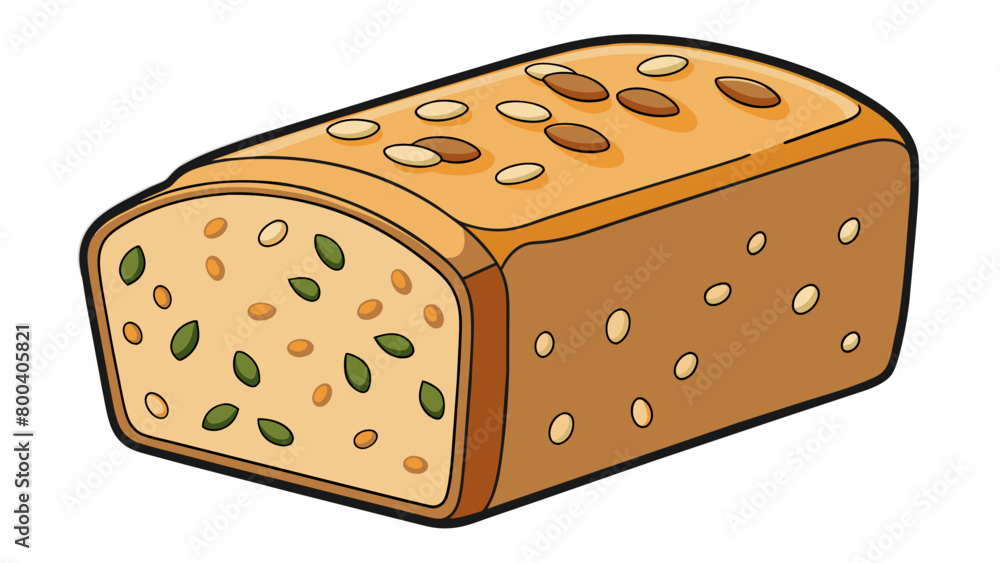Poster a sliced loaf of multigrain bread showing off its various seeds and grains. it has a hearty texture 