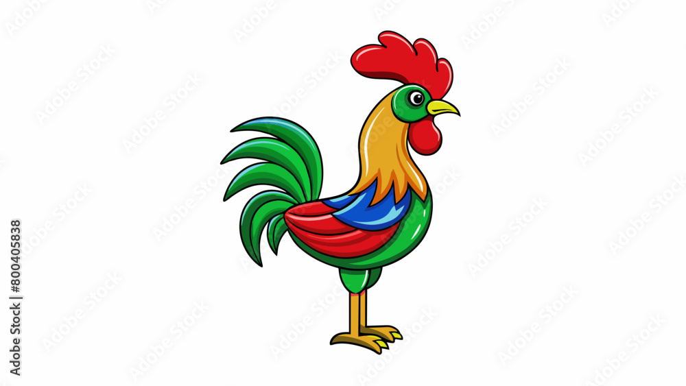 Poster a sleek metal rooster figurine with vibrant red green and blue feathers. its beak is pointed and its