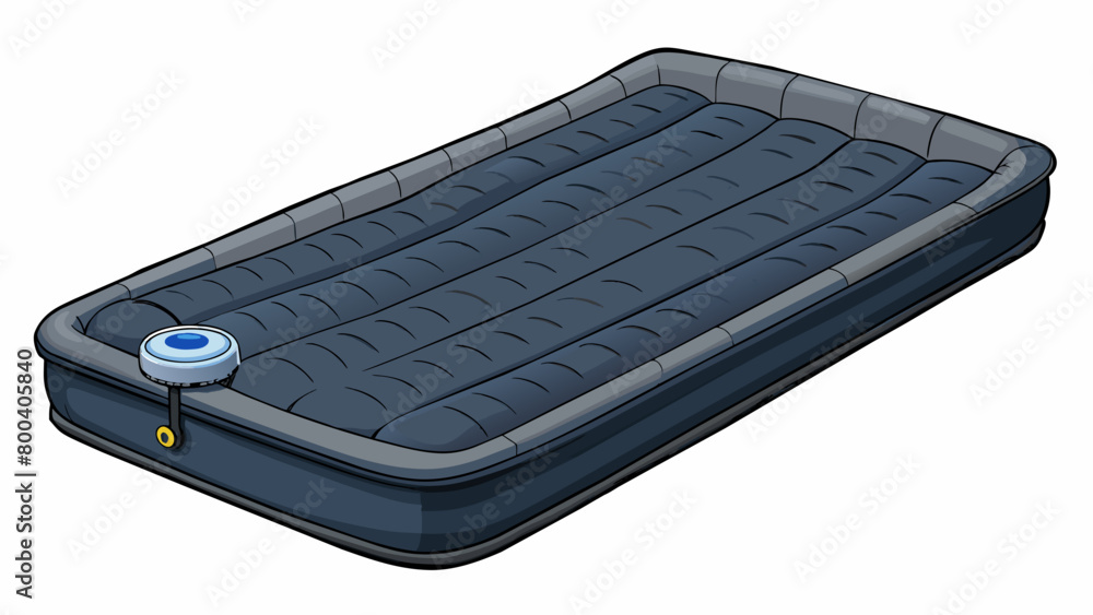 Poster A sleek black inflatable air mattress ideal for use as a spare bed for guests. It has a raised edge to prevent sheets from slipping off and comes with. Cartoon Vector.