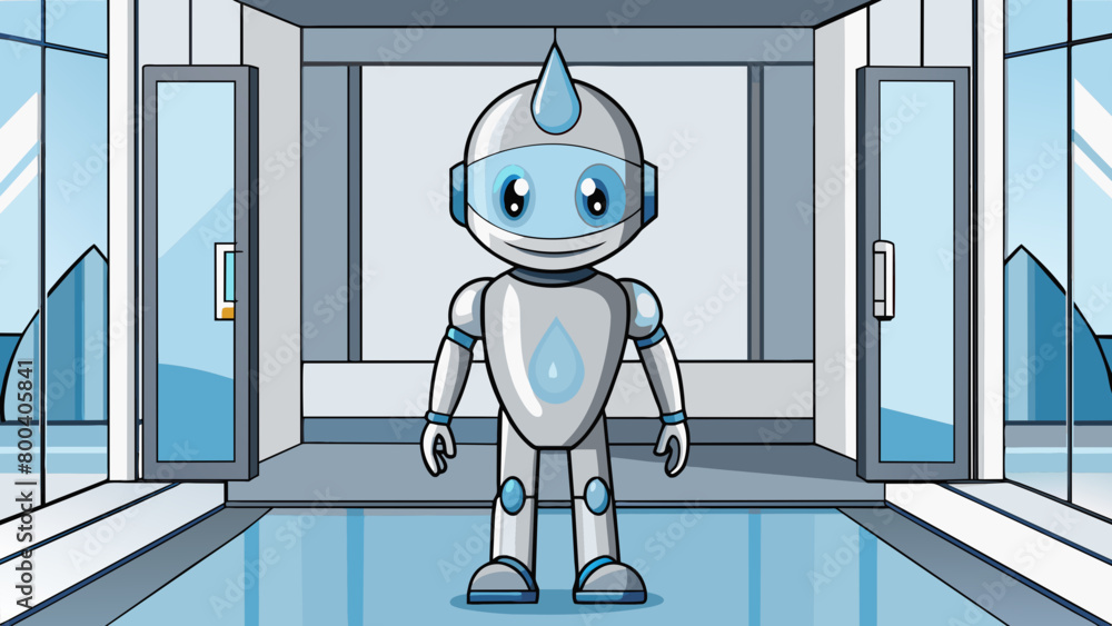 Poster a sleek humanoid robot with a smooth silver exterior and a head shaped like a teardrop. it stands at
