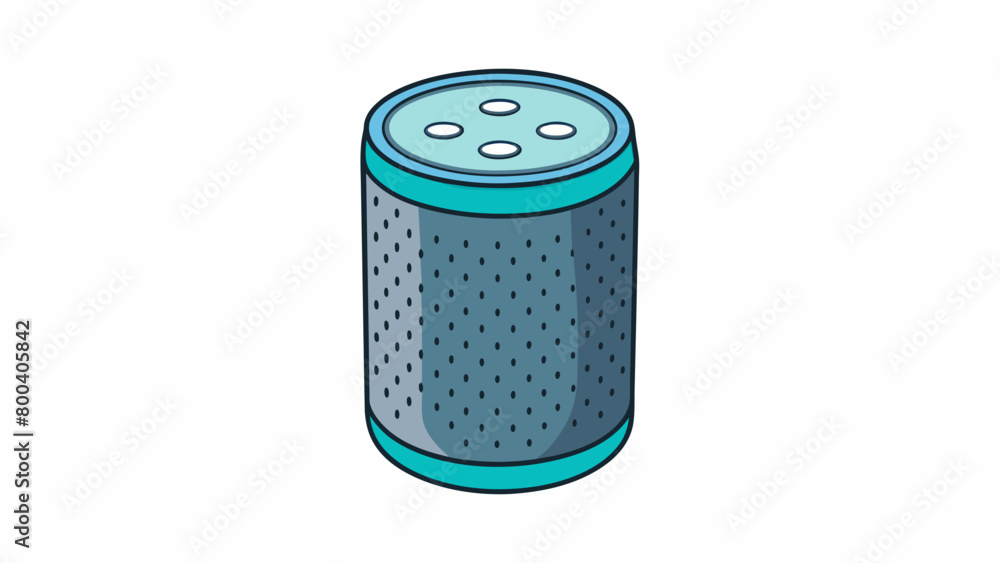 Poster a sleek cylindrical speaker with led lights at the top. it has the ability to play music answer ques