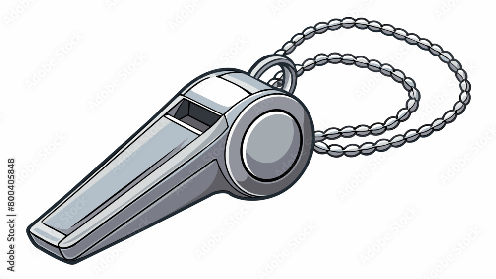 Poster A sleek silver whistle with a curved shape and a metal chain attached. Its smooth surface and shiny finish give it a modern and sophisticated look.. Cartoon Vector.
