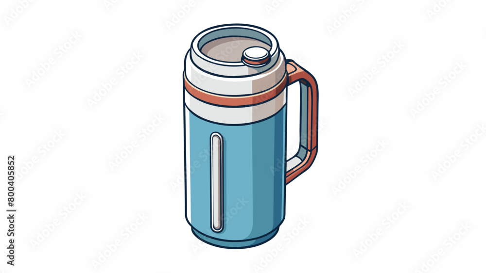 Poster a small and compact thermos the size of a can of soda. made of lightweight plastic it is perfect for