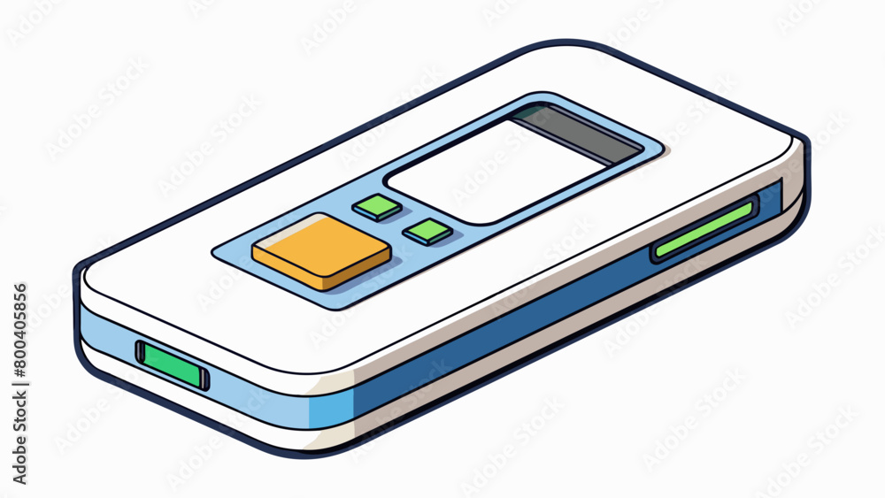 Aufkleber A slim rectangular device with a sleek white design and a small OLED screen on the front. On the top there is a slot for inserting a key card and a. Cartoon Vector.