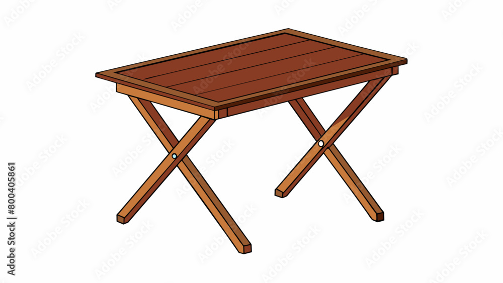 Poster A slim wooden folding table with a dark brown finish and sleek design. It features a hinged top that can be unfolded to create a larger surface area. Cartoon Vector.