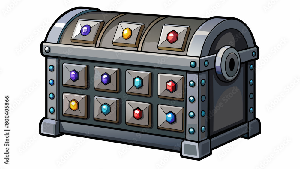 Poster a sleek black chest with silver hardware and a holographic keypad for a lock. the interior is fitted