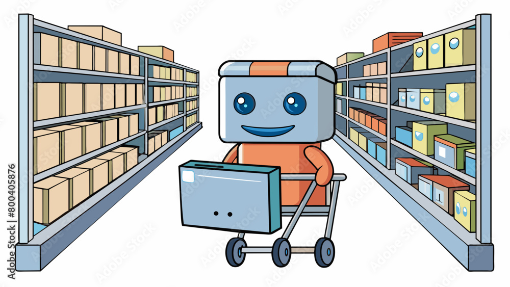 Poster A small boxy robot with wheels for feet a domeshaped head with a camera for an eye and a friendly smile on its face. It navigates the aisles of a. Cartoon Vector.