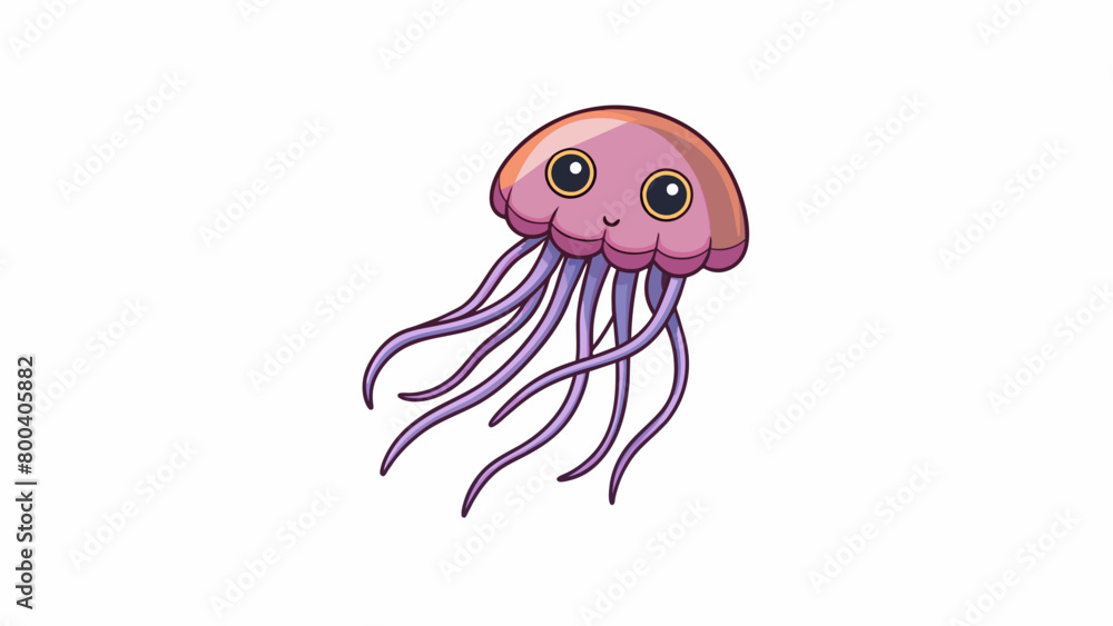 Poster a small colorful jellyfish with a rounded body and short tentacles bobs near the surface of the wate