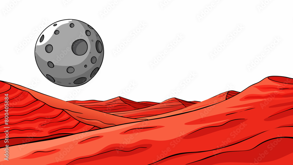 Poster A small cratered moon hangs low in the sky above a vast desolate desert of red sand dunes. Off in the distance a swirling dust storm obscures the. Cartoon Vector.