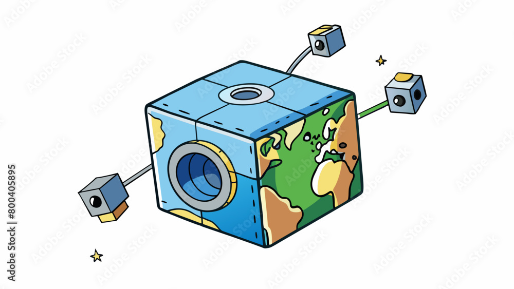 Aufkleber A small cubeshaped object outfitted with cameras and sensors circling the Earth at a high speed. The surface of the cube is covered in various. Cartoon Vector.