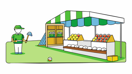 A small booth stands at the entrance of the driving range where a friendly attendant sells buckets of golf balls to eager players. The main area is a. Cartoon Vector.