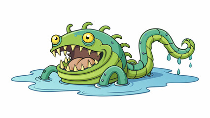 A slimy multiheaded creature lurks in the shallows its sharp teeth glinting in the sun as it snaps at anything that moves. Its skin is covered in ly. Cartoon Vector.
