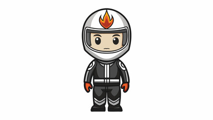 Fototapeta premium A sleek black and silver jumpsuit with flame decals down the sides is worn by the miniature race car driver. The matching helmet has a glossy finish. Cartoon Vector.