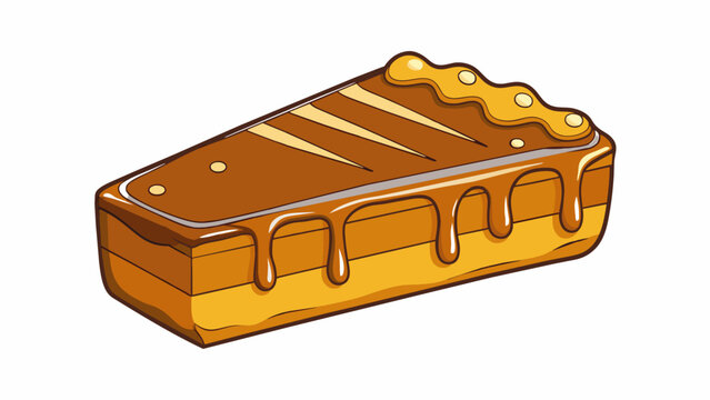 A slice of warm gingerbread topped with a generous drizzle of glossy goldenbrown Molasses creating a shiny and decadent topping.  on white. Cartoon Vector.