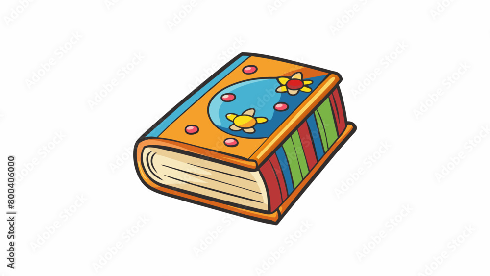 Poster a small paperback book with a colorful whimsical cover. the pages are thin and delicate indicating i