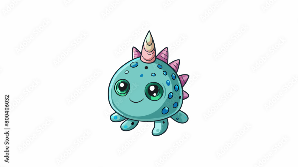 Poster A small squishy object with a tiny head and a coneshaped body. Its iridescent skin shimmers in the sunlight dotted with small brightly colored spots.. Cartoon Vector.