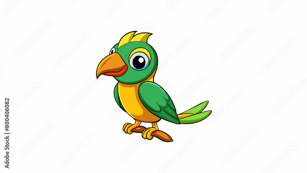 Poster a small tropical bird with a rounded body and a short hooked beak. its feathers are a combination of