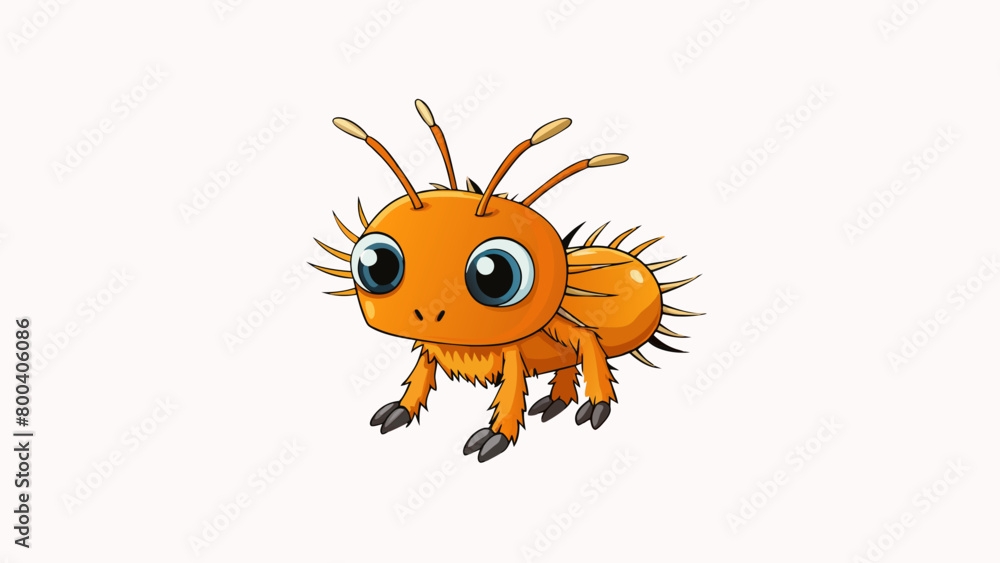 Aufkleber A small vibrant orange creature with a rounded body and many legs that end in sharp black claws. Its head is adorned with two long feathery antennae.. Cartoon Vector.