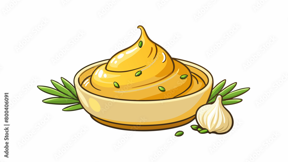 Aufkleber A smooth drizzle of golden dressing slightly tangy with a hint of garlic and lemon. Tiny green herbs and es add a burst of fresh fragrant taste to the. Cartoon Vector.