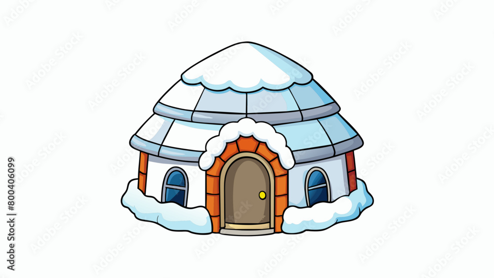 Poster A small temporary shelter made from slabs of ice or snow resembling a small hut. It has a low conical shape and is often used for emergency situations. Cartoon Vector.