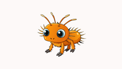Fototapeta premium A small vibrant orange creature with a rounded body and many legs that end in sharp black claws. Its head is adorned with two long feathery antennae.. Cartoon Vector.