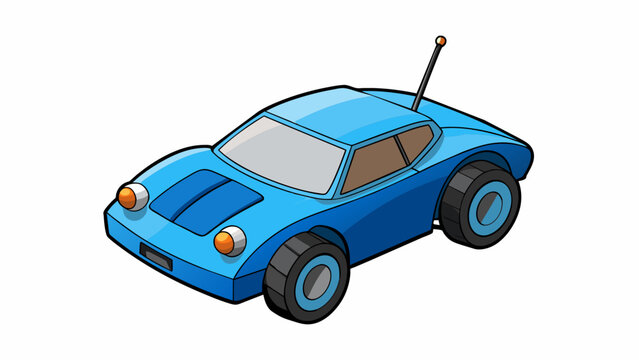 A small sleek remote control car with a bright blue exterior and four black rubber tires that can navigate smoothly over any surface. It has a small. Cartoon Vector.