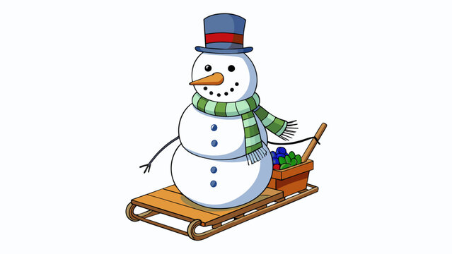 A snowman built on top of a sled with sticks for arms a carrot for a nose and rocks for eyes and a mouth.  on white background . Cartoon Vector.