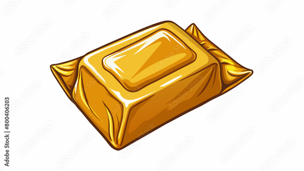 Poster A square foilwrapped candy with a shiny metallic finish. Its edges were sharp and perfectly and its surface reflected the light with a golden sheen.. Cartoon Vector.