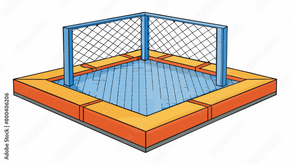 Poster A square elevated platform surrounded by a netted enclosure. It sits in a warehouse gym providing a safe and fun outlet for adults to exercise and. Cartoon Vector.
