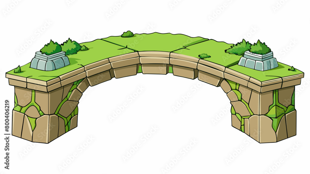 Poster a stone arch bridge delicately balancing on a single central pillar and connecting two cliffs over a