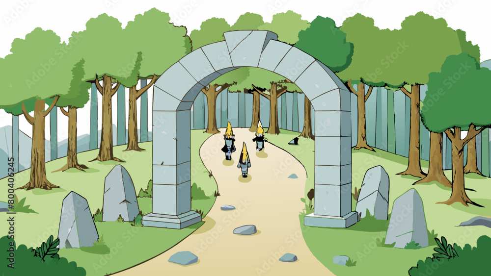 Aufkleber A stone archway hidden in the midst of a dense forest. It seems ancient and mystical with intricate runes carved into its surface. As a group gathers. Cartoon Vector.