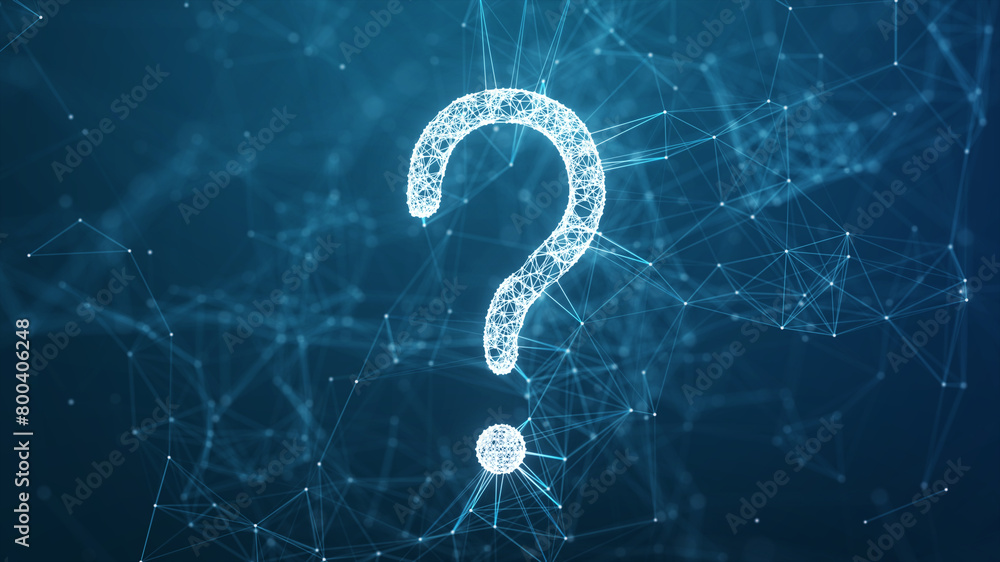 Poster futuristic glowing question mark with plexus lines connected dots and lines on blue background. for 