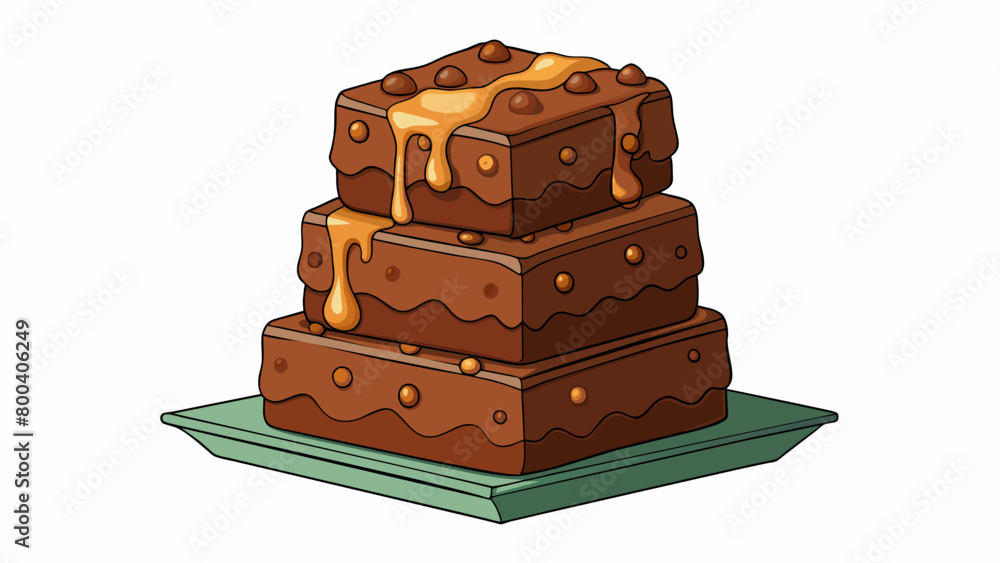 Poster A stack of fudge brownies each one oozing with melted chocolate and dotted with chewy caramel chunks. The soft cakelike texture is the perfect balance. Cartoon Vector.