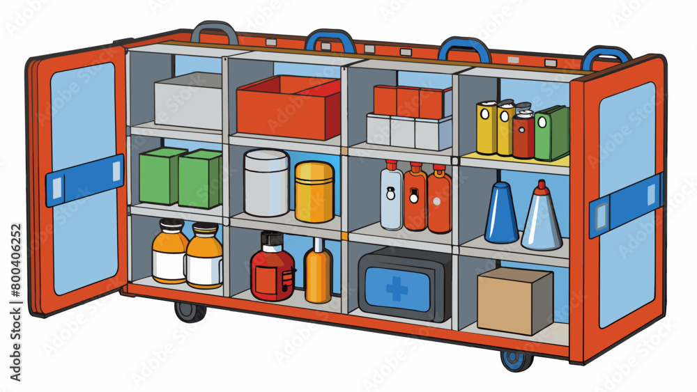 Poster a storage area filled with various supplies and equipment neatly organized in compartments and sped 