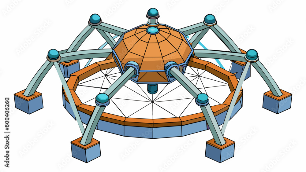 Poster A structure resembling a giant spiderweb floating in the darkness of space. The weblike design is made up of metal beams and modules that rotate in. Cartoon Vector.